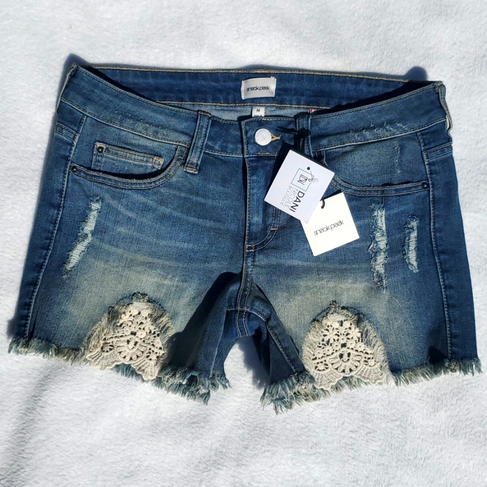 SOLD - NWT Sneak Peek Sexy Boyfriend Denim Shorts Lace Cutout 30 Size M Raw Hem